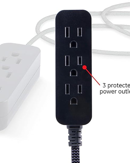 GE 3-Outlet Power Strip Extension Cord with Multiple Outlets 8 Ft Braided Short Cord Extension Cord Grounded Flat Plug ETL Listed White 41282