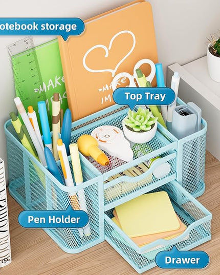 Marbrasse Mesh Desk Organizer, Pen Organizer with 2 Drawer, Multi-Functional Pencil Holder, Desk Organizers and Accessories with 5 Compartments + Drawer for Office Art Supplies (Blue)