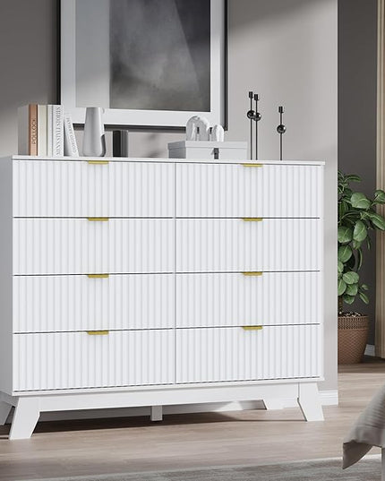 BORNOON Fluted 8 Drawer Tall Dresser, 47.2" Wide Modern Boho Chest of Drawers, Wooden Storage Dresser TV Stand for Bedroom, Living Room, Closet, Hallway, Curved Profile Design