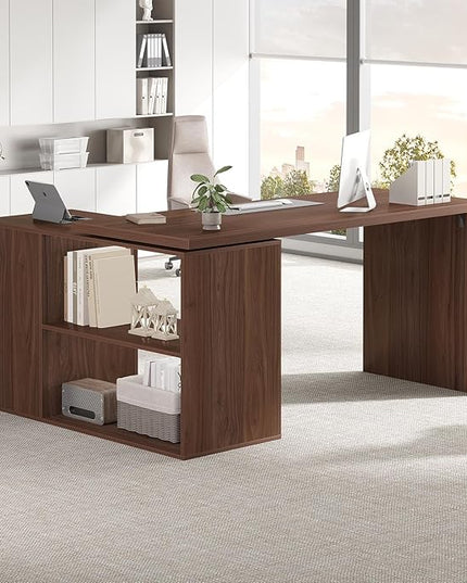 HSH 360 Rotating L Shaped Desk with Drawers, Walnut L Shape Computer Desk with Storage Cabinet Shelves, Rustic Home Office Desk for Executive Writing Study Work, Swivel Desk Wood Table, 55 Inch