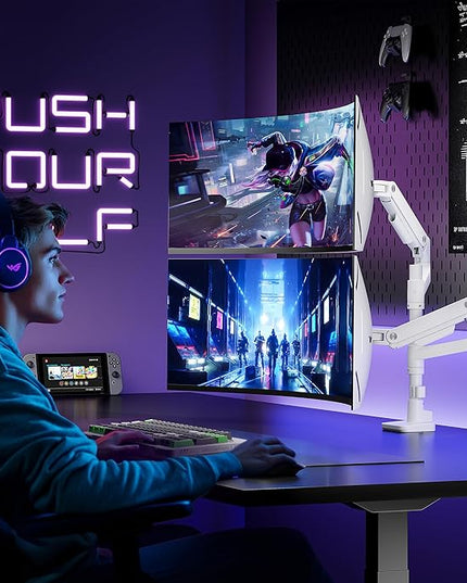 ARES WING Dual Monitor Arm Desk Mount for 17-49 Inch Ultrawide Monitors, Heavy Duty Dual Monitor Mount Holds 44 lbs, Full Motion Gas Spring Vertical Stacked Monitor Mount, 75/100 VESA Mount, White