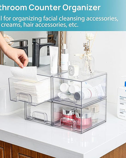 Vtopmart 4 Pack Small Clear Stackable Storage Drawers,Acrylic Bathroom Makeup Organizer,Plastic Storage Bins For Vanity, Undersink, Kitchen Cabinets, Pantry, Home Organization