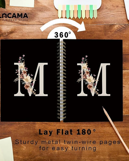Lacama Cute Initial Letter M School Notebook Journal, Aesthetic Wildflower Personalized Black Spiral Notebook, School Supplies, Customized Monogrammed Gifts, Birthday Gifts for Women, Office Supplies