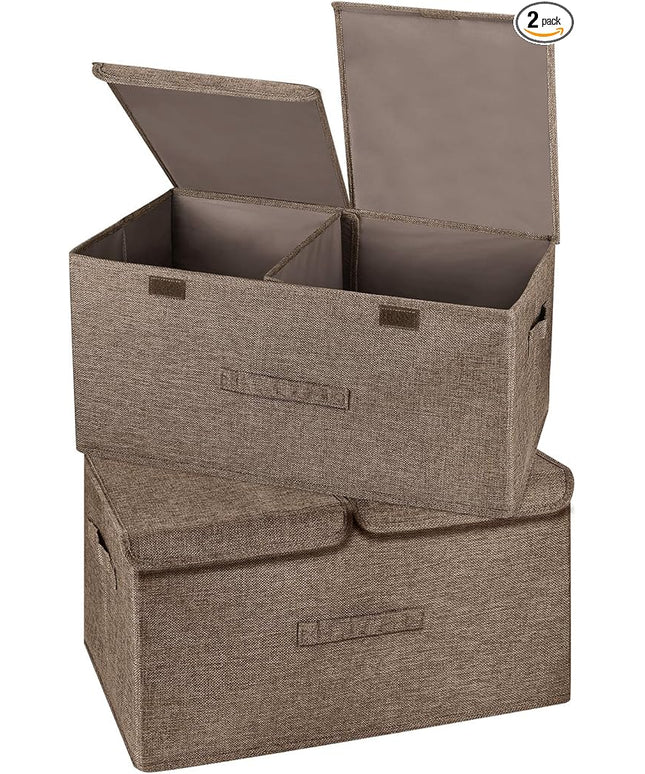 2 Pack Large Storage Boxes with Lids and Handles, Collapsible Linen Storage Bins Organizer Containers Baskets Cube with Removable Divider for Home Bedroom Closet Office (Coffee, Large)
