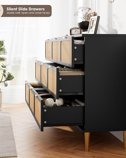 Garvee Rattan Dresser with 9 Drawers, Tall Modern Closet with Deep Storage, Large Chest of Drawers with Wide Top, Long Wooden Dresser for Bedroom, Living Room, Hallway, Kids Room, Black