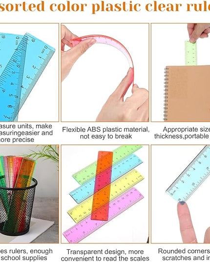120 Pcs 6 Inch Rulers Bulk Plastic Flexible Small Straight Rulers with Inches and Centimeters First Day of School Gift for Students Back to School Office Supplies(Colorful, Transparent)