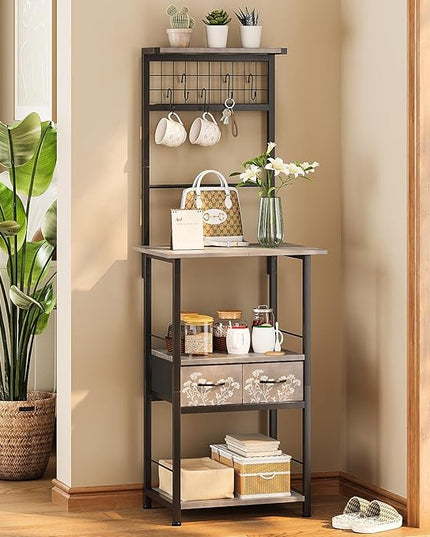 GiftGo Small Coffee Bar Station Narrow Corner Baker Rack Stand with 2 Storage Fabric Drawers 5 S Hooks for Small Spaces Farmhouse Bakers Rack for Kitchen, Entryway, Living Room (Grey, Narrow)