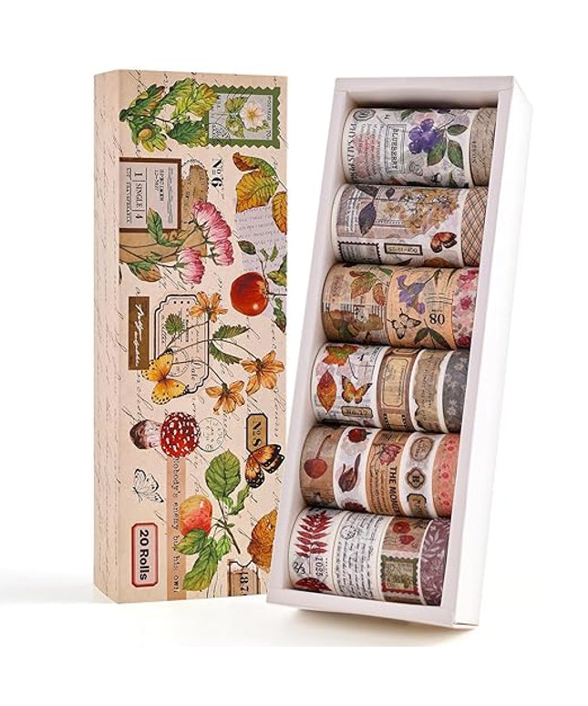 20 Rolls Vintage Washi Tape Set, Floral Letter Butterfly Mushroom Botanical Flower Writable Decorative Tapes for Scrapbooking , Junk Journal Supplies, Bullet Journaling 10-60mm Wide 6.56ft long/Roll