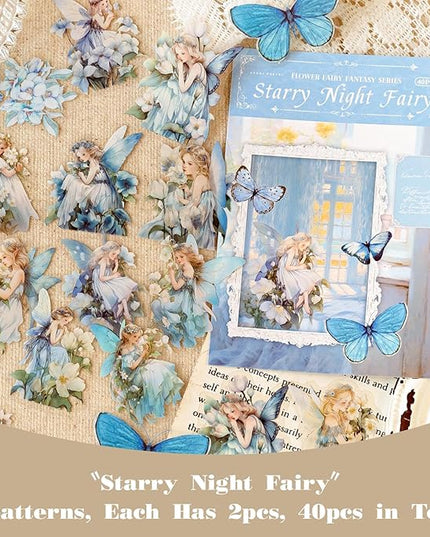 SIBLYMONA Vintage Fairy Stickers 120Pcs Transparent Stickers for Scrapbooking Journaling, Floral Butterfly Cottagecore Junk Journal Scrapbook Supplies, Rub On Transfers for Crafts (120, Blue)