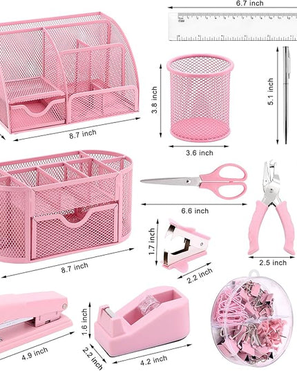 17 in 1 Pink Desk Organizers and Accessories Set, 3 Office Desk Supplies Storage Organization, 4 Pens, Stapler, Staples & Remover, Tape & Dispenser, Scissors, Ruler, Clips, Hole Punch, Back to School