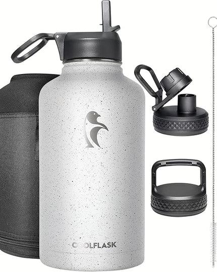 Half Gallon Water Bottle Insulated with Straw&3 Lids, Coolflask 64 oz Water Jug Galaxy Large Metal Stainless Steel flask for Gym, Sports and Office, Keep Cold 48H Hot 24H, Arctic White