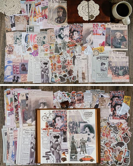 Knaid Vintage Scrapbook Supplies Pack (200 Pieces) for Junk Journal Bullet Journals Planners Aesthetic Paper Stickers Craft Kits Cottagecore Collage Album (Retro)