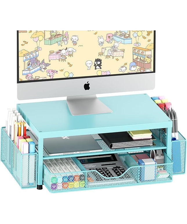 OPNICE Desk Organizers and Accessories, 2-Tier Computer Monitor Stand Riser with Drawer and 2 Pen Holders, Laptop Stand, Office Desk Accessories for Office Supplies, Teal Blue