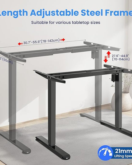 Electric Standing Desk Frame,Compatible Desktop Size 43″-72″ and 187 lbs Weight Capacity,Memory Controller Height Adjustable Frame ,Black Frame Only