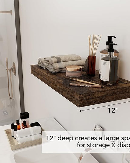 12 Inch Deep Floating Shelves, 24 x 12 Floating Shelf for Books, Rustic Wood Deep Wall Shelves for Home Storage & Display, 2" Thicked Shelves for Kitchen, Living Room, Bedroom, Rustic Brown, 1 Pack