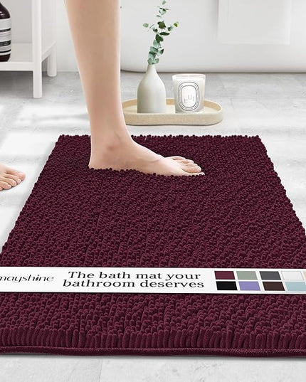 MAYSHINE Plush Shaggy Chenille Bath Mat | Extra Soft, Super Absorbent, Non-Slip Bathroom Rug | Fluffy Microfiber, Area Rug Sets for Bathroom Floor, Kitchen, Living Room | 32"x20" | Burgundy