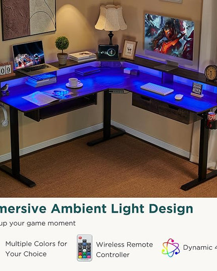 RedLemon 60 Inches L Shaped Electric Standing Desk,Height Adjustable Corner Gaming Desk with Drawers, Keyboard Tray, Power Outlets & LED Lights, Computer Desk with Monitor Shelf, Dark Rustic Oak