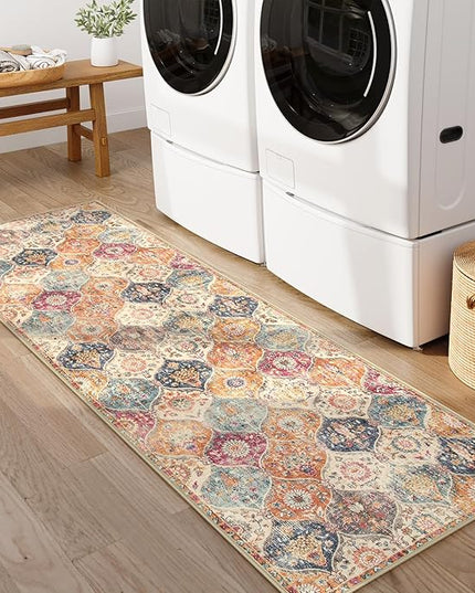 Lahome Moroccan Washable Kitchen Runner, 2x7 Runner Rug with Rubber Backing Non Slip, Vintage Hallway Rug Throw Carpet for Hallways Bedroom Laundry Room Entryway, Cream/Multi