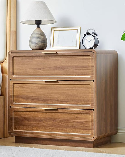 Turtle&Myrtle Modern 3 Drawer Dressers for Bedroom, 26'' Wide Wood Nightstand w/3 Storage Drawers, End Table, Dresser & Chest of Drawers with Curved Profile for Living Room Entryway, Brown
