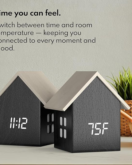 Driini Digital House Shaped Alarm Clock with Temperature Display (Dark Wood) – Modern Aesthetic with Cute Cube Frame and White LED Dimmer - Perfect Small Desk Clock for Bedside Table or Bedroom Mantle