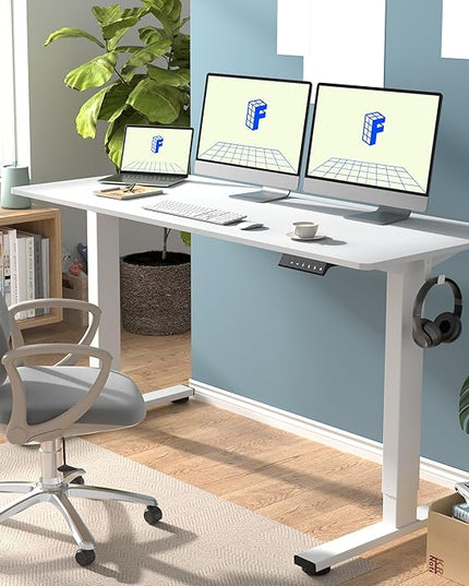 FLEXISPOT EN1 One-Piece Standing Desk with 1-Inch Thick Seamless Desktop, 60"x24" Electric Height Adjustable Desk for Home Office, Multi-Monitor Setups & Easy Assembly, White