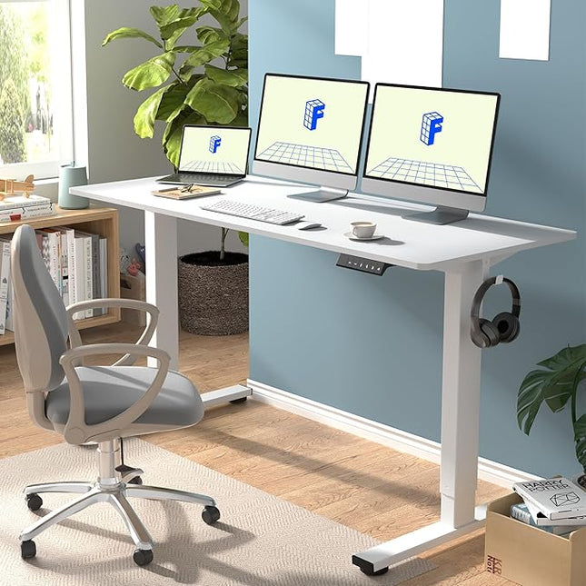 FLEXISPOT EN1 One-Piece Standing Desk with 1-Inch Thick Seamless Desktop, 60"x24" Electric Height Adjustable Desk for Home Office, Multi-Monitor Setups & Easy Assembly, White