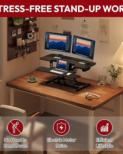 SANODESK 40" Electric Standing Desk Converter， Height Adjustable Riser for Office Home,Dual Monitor and Laptop Workstation with Large Keyboard Tray, Black Color
