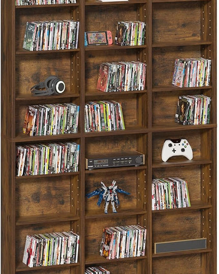 LELELINKY 8 Tier Tall Display Cabinet, Brown Media Storage Cabinet with Adjustable Shelves, Free Standing DVD Organizer Shelf, Floor Multimedia Storage Manga Bookshelf for Living Room & Home Office.