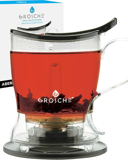 GROSCHE Aberdeen Tea Infuser Teapot & Smart Tea Maker - BPA-Free, Drip-Free Design | Coaster | Easy Brew | Easy Clean Steeper | Loose Leaf Brewing - Stylish Design | 17.7 oz - 525 ml - Black