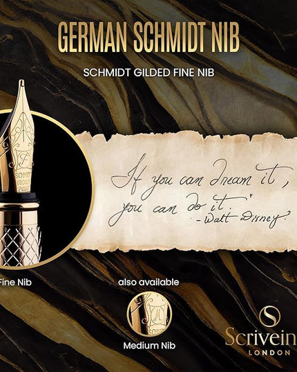 Scriveiner Luxury Fountain Pen - Stunning Luxury Pen, Real Gold Finish, Schmidt Gilded Nib (Fine), Converter, Best Pen Gift Set for Men & Women, Professional, Executive, Office, Nice Pens