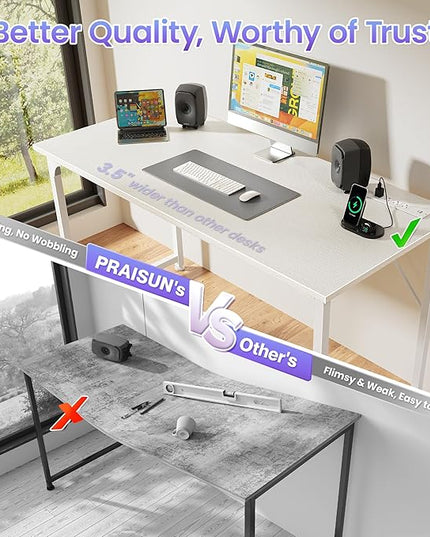 PRAISUN 47 X 20 Inch Office Computer Desk with Power Outlets and USB-C Port, Larger Gaming Desk, for Home Office, Study, Bedroom, Writing Work from Home Table, Metal Frame, White