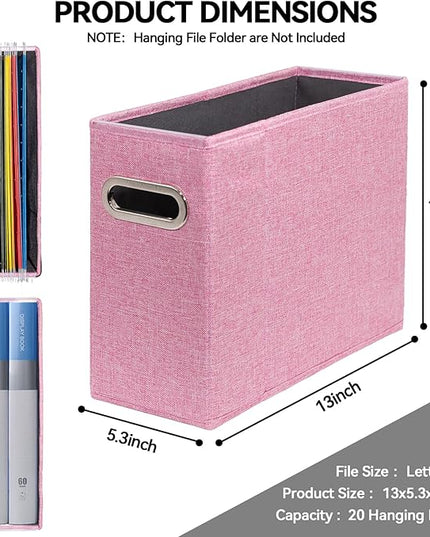 4 Pack Letter Size File Storage Box Collapsible，Fabric Hanging File Folders Organizer, Portable Office Document Holder with Metal Handle, Smooth PVC Rails, Pink