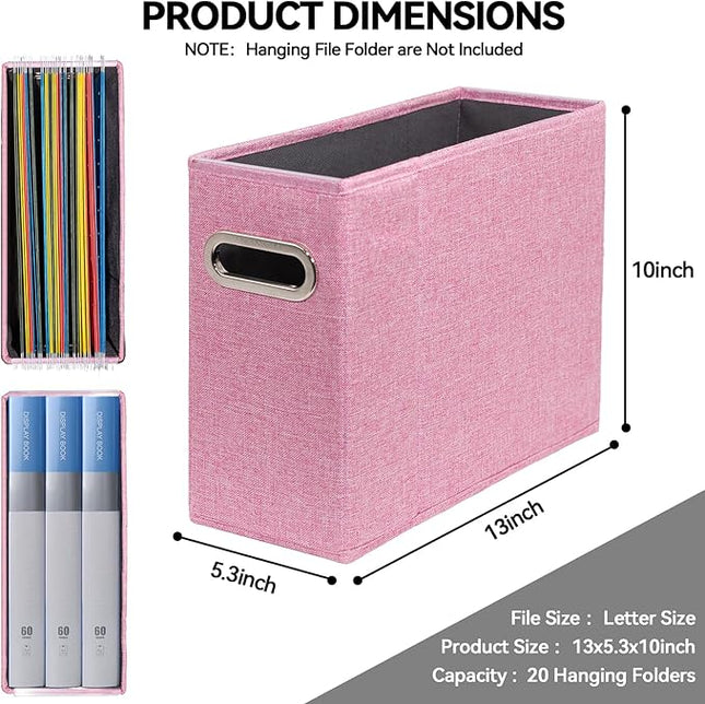 4 Pack Letter Size File Storage Box Collapsible，Fabric Hanging File Folders Organizer, Portable Office Document Holder with Metal Handle, Smooth PVC Rails, Pink
