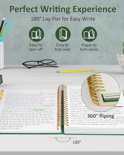 Hardcover Spiral Notebook Journal, 8"x10" Large B5 Notebooks with Removable Dividers Tabs, 300 Pages Leather 5 Subject Notebook College Ruled, Journal for Work School Note, 100 GSM Thick Paper,Green.