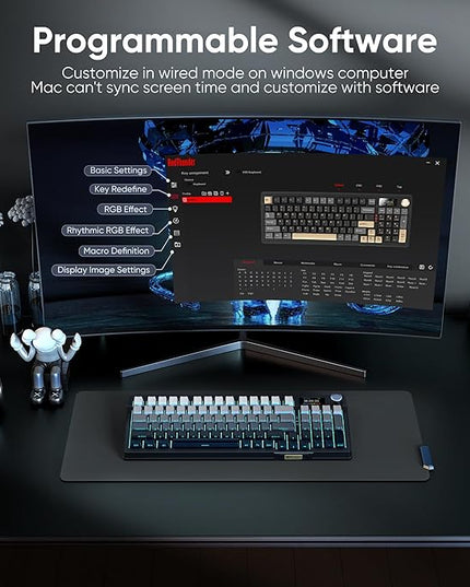 RedThunder K95 Wireless Mechanical Keyboard,TFT Screen & Knob, Trip-Modes Connection, Gasket Custom Hot-Swap Keyboard, RGB Backlit, Pre-lubed Linear Switches, Side Printed PBT Keycaps, Gray Gradient