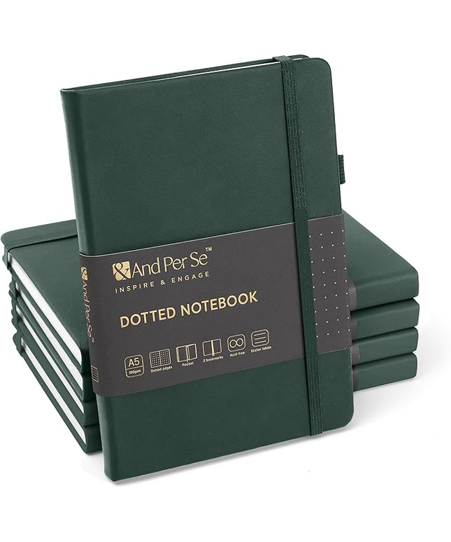 &And Per Se Dotted Journal Notebook (5 Packs), A5 Hardcover Leather Dotted Journal, 160 Pages 100 gsm Thick Paper, 3 Sheets of Stickers Included- 5.7'' x 8'' (Green