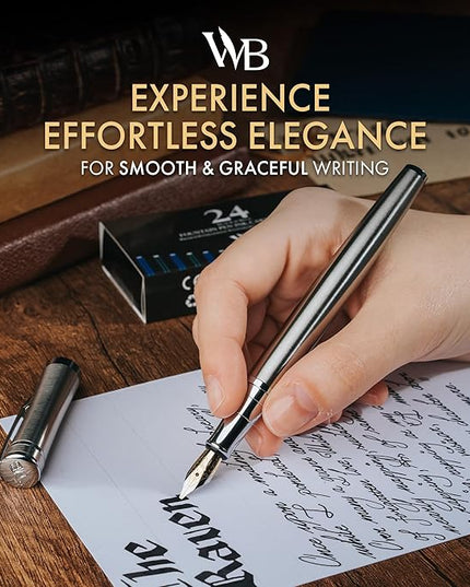 Wordsworth & Black Fountain Pen Set, Broad Nib, Includes 24 Pack Ink Cartridges, Ink Refill Converter & Gift Box, Chrome Finish, Calligraphy, [Silver Chrome], Perfect for Men & Women