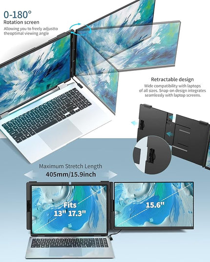 Cevaton Laptop Screen Extender - 15.6" FHD 1080P Portable Monitor for Laptop, Detachable & Plug and Play Dual Monitor Extender for 13"-17.3" Laptops, Compatible with Wins/Mac/Android/Chrome