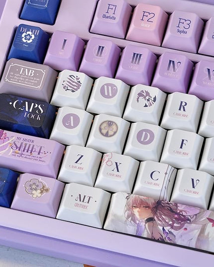 PBT Custom Keycaps 130 Keys, Japanese Anime Purple Keycaps Cherry Profile Dye Sublimation Keycap, Manga Style Key Cap Set for 60% 65% 75% TKL 100% Mechanical Keyboard