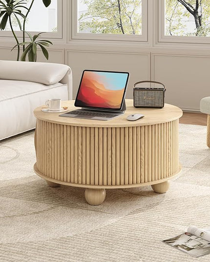 JOINICE Round Coffee Table with Storage, 31.5" Natural Oak Fluted Drum Center Table, Scandi Japandi Wood Circle Table with Sliding Door & Bun Feet for Living Room