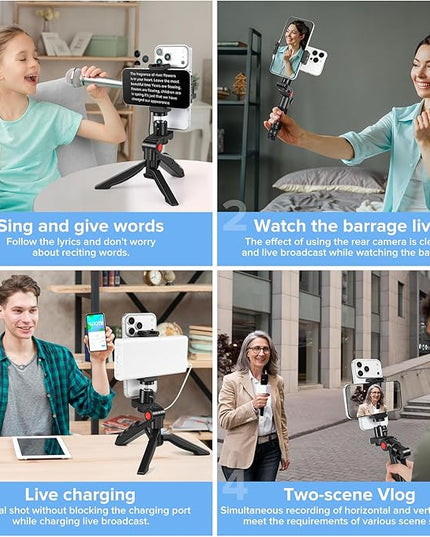 Teleprompter Kit for iPhone & Android (with Tripod), Double Phone Holder for Video Recording, Easy Storage and Transport for Vlogging, YouTube, Live Streaming, TikTok