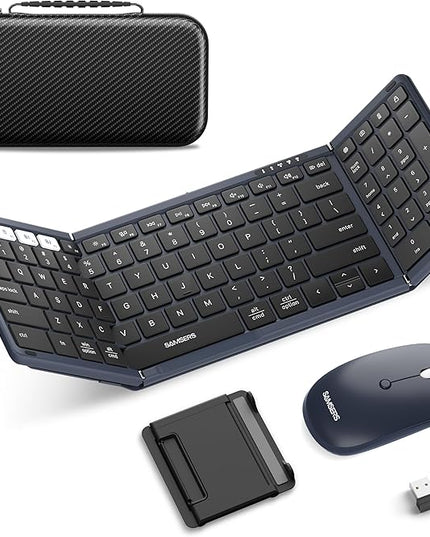 Foldable Keyboard and Mouse, Samsers Folding Bluetooth Keyboard Combo, 2.4G + BT5.0 x 2, Full-Size Portable Travel Keyboard & Rechargeable Wireless Mouse for Windows Android iOS Mac OS, Midnight
