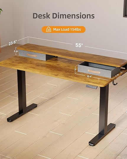 Seang Electric Standing Desk with 2 Drawers, Adjustable Standing Desk with Storage Shelf, Height Adjustable Stand up Desk for Home Office with 3 Presets & 2 Hooks, 55 Inch, Rustic Brown