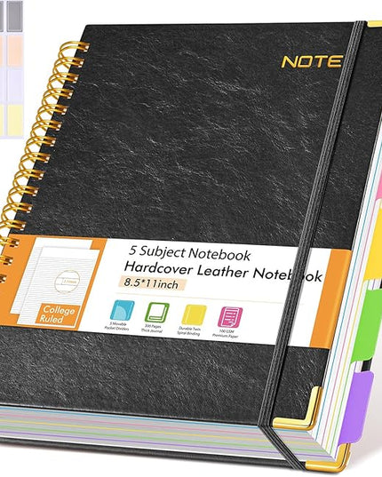 Hardcover Large Spiral Notebook 8.5" x 11" with Removable Dividers Tabs, 300 pages Leather 5 Subject Notebook College Ruled, A4 Journal for Women Men, Notebooks for Work School Note taking,Black