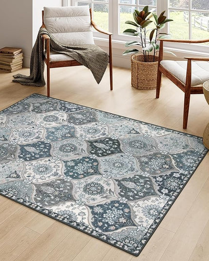 Lahome Moroccan Washable Living Room Rug, 5x8 Rugs for Bedroom Dining Room, Soft Non-Slip Non Shedding Boho Distressed Throw Carpet for Nursery Office, Blue