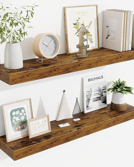 Fun Memories Bathroom Shelves 32 Inch Long Set of 2, Floating Shelves for Wall with Invisible Brackets, for Bedroom, Living Room, Kitchen, Rustic Brown
