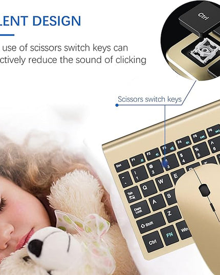 Wireless Keyboard and Mouse Ultra Slim Combo, TopMate 2.4G Silent Compact USB 2400DPI Mouse and Scissor Switch Keyboard Set with Cover, Batteries Included, for PC/Laptop/Windows/Mac - Gold Black