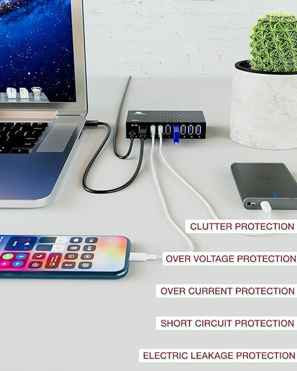 7 Port USB 3.0 Hub - Powered USB Hub –Multiple USB Splitter with Built-in 12V/3A/36W Power Adapter - Up to 5Gbps Sync & High-Speed Data Transfer - Mounting Brackets for Phone MB Laptop Tablet PC