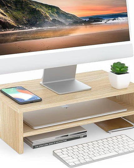 FITUEYES Monitor Stand - 2 Tier Computer Monitor Riser Shelf, Wood Desktop Stand for Laptop Computer Screen, Desk Organization, Office Supplies
