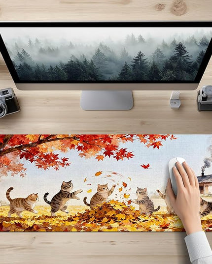 Cat XL Mouse Pad 31.5 x 11.8 Inch Gaming Mousepad Diatomite Large Keyboard Mouse Pad for Home and Office Desk Accessories with Autumn Leaves Kittens Illustration Featuring Stable Base